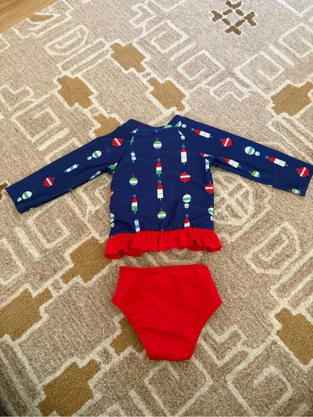 Girls' Navy Blue and Red Long-Sleeve Rashguard Two-Piece Swim Set